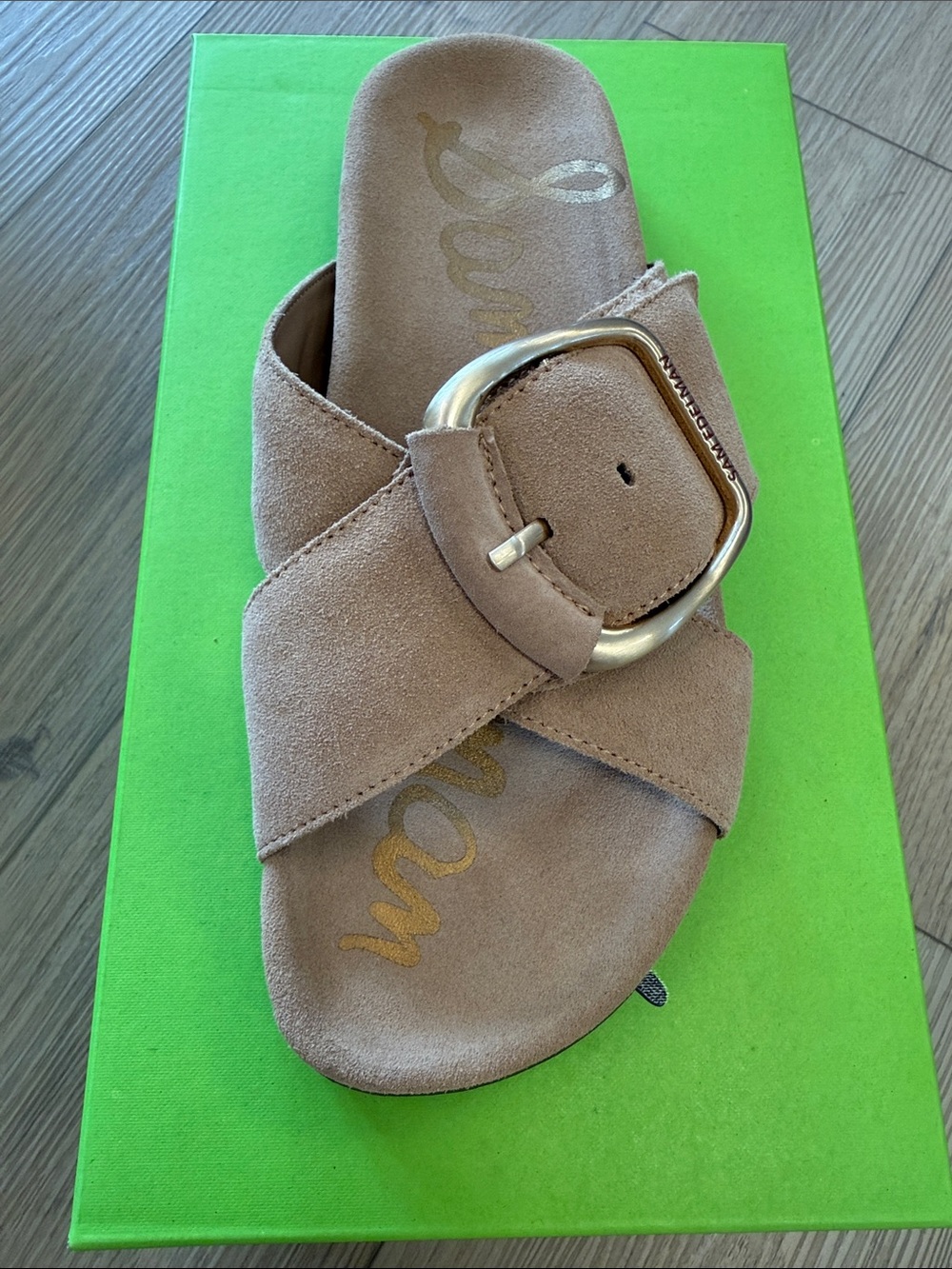 Sam Edelman Suede Cross-Buckle Slide Sandal - Taupe